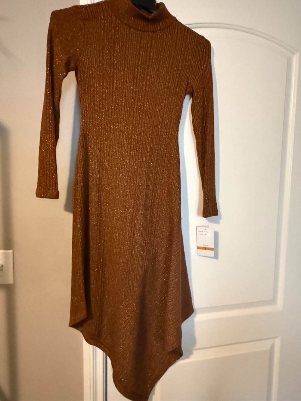 NWT Maison Tara Copper Metallic Long Sleeve Ribbed Asymmetric Sweater Dress S
